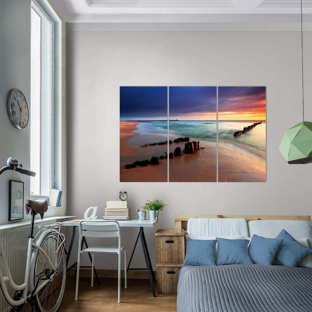 Runa Art Wandbilder Strand Meer Bild XXL Schlafzimmer Wohnzimmer Blau Rosa Welle 120 x 80 cm 3 Teili