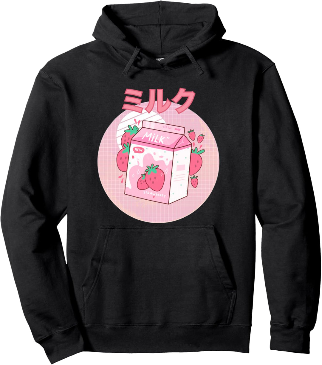 Retro 90er Jahre Erdbeere Milchshake Karton Rosa Lustige Japanisch Pullover Hoodie