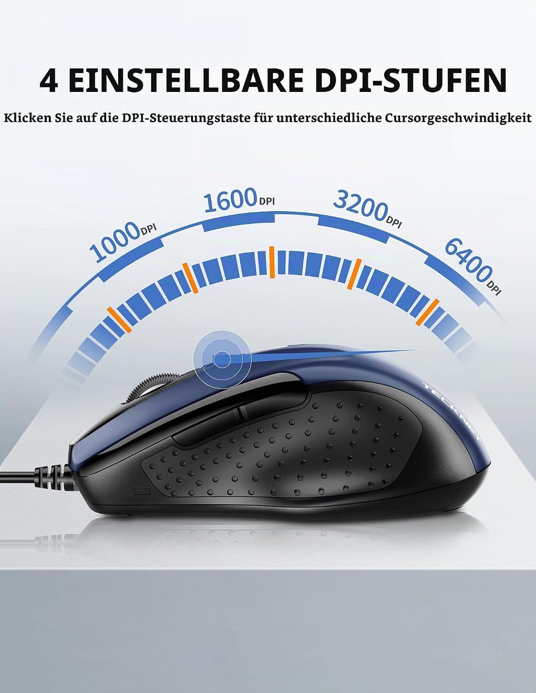 TECKNET Maus mit Kabel, Optical Business Mouse Verdrahtete Ergonomische Maus mit 6 Tasten, 2 Verstel