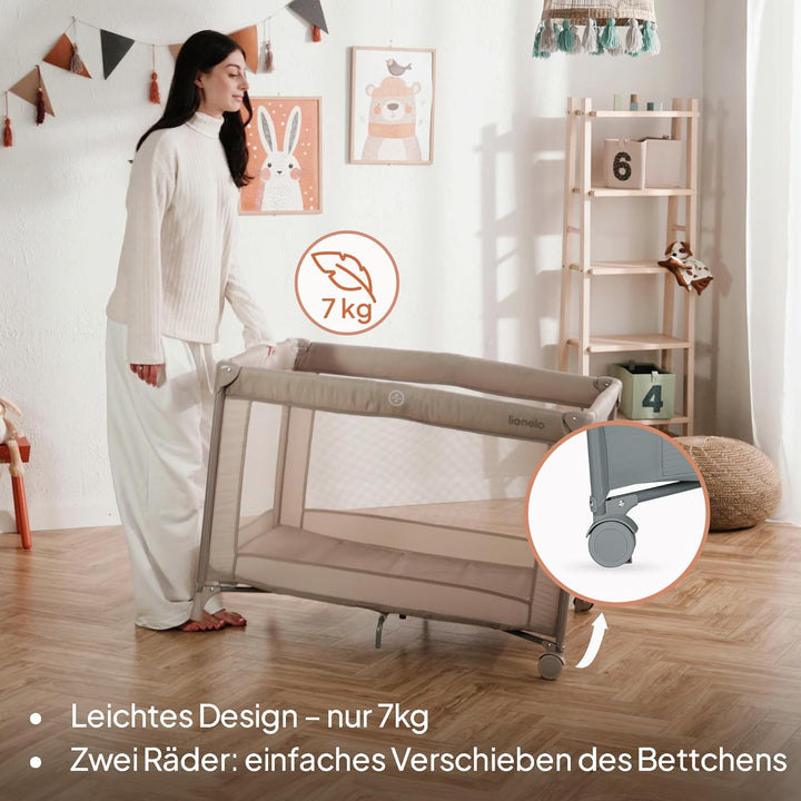 Lionelo Amelie Baby-Reisebett, ab Geburt bis 15 kg, klein, faltbar, weiche Faltmatratze, 100,5 x 70,