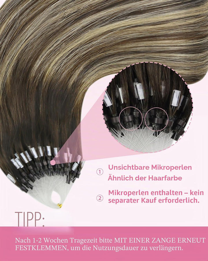 YoungSee Extensions Echthaar Microring Ombre 60cm,Micro Ring Hair Extensions Braun Ombre Aschblond,M