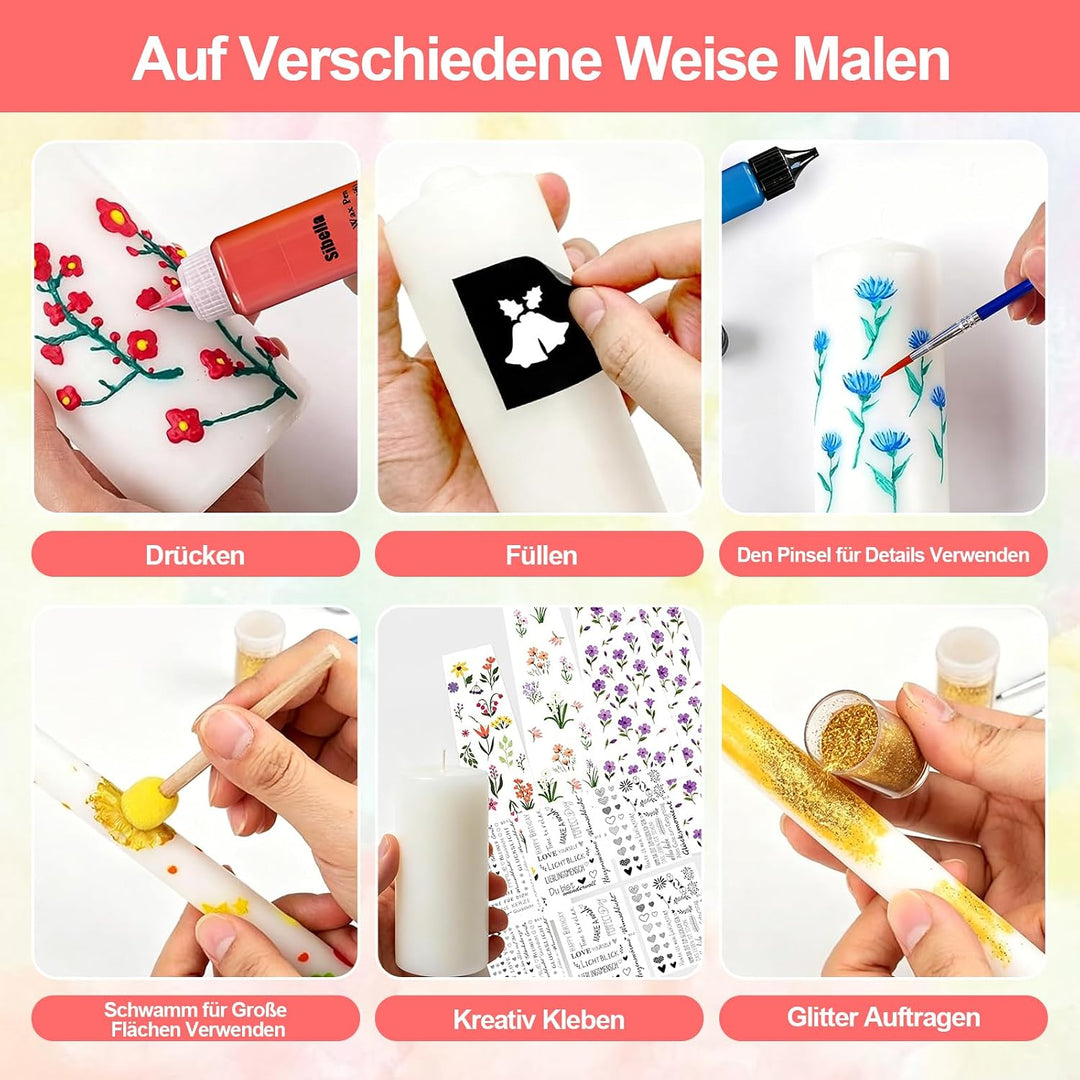 12 Stück Wachsstifte für Kerzen, Kerzenstifte 10 ml, mit vorgestanzten Aufklebern und Schwammwerkzeu