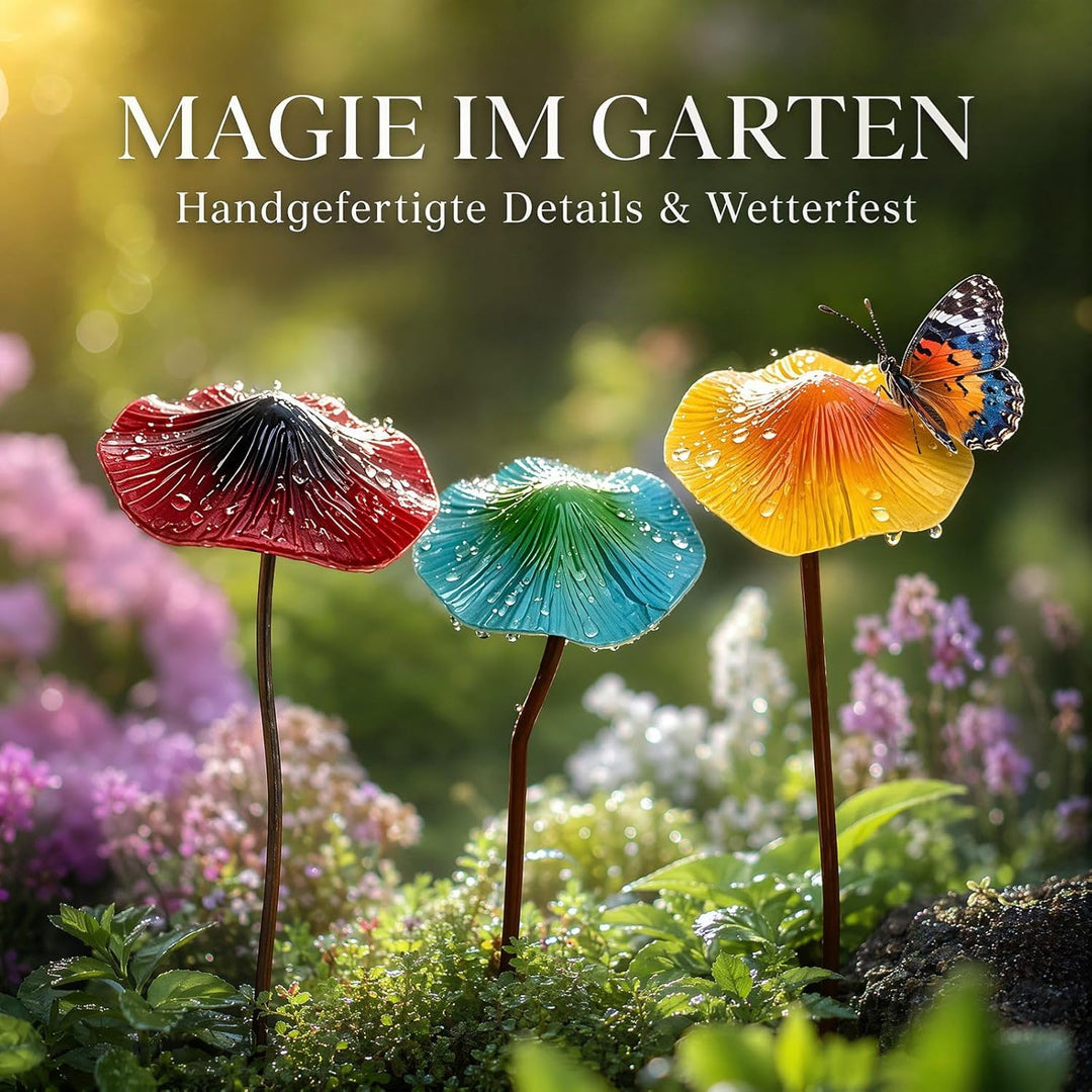 Gartendeko für Draussen Wetterfest 3 Stück Bunte Pilz Deko, Gartenstecker Rost Elfen Figuren Garten