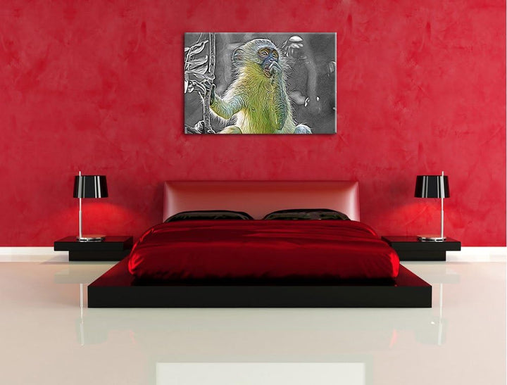 junges Äffchen auf Baum schwarz/weiss Deluxe Format: 100x70 cm auf Leinwand, XXL riesige Bilder fert