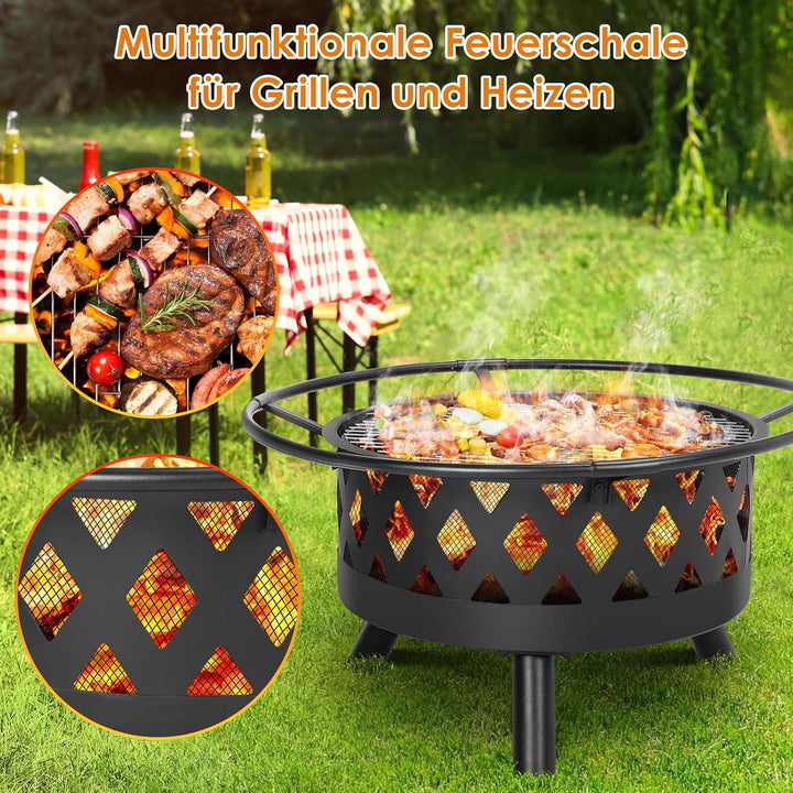 Feuerschale, Ø 76cm Feuerkorb mit Funkenschutz und Schürhaken, Feuerschalen für den Garten Gross, Fe
