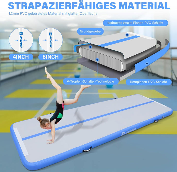 AKSPORT Air Matte Track Tumbling Matte,3/4/5/6m Aufblasbar Gymnastikmatte Turnmatte Tumbling Matten