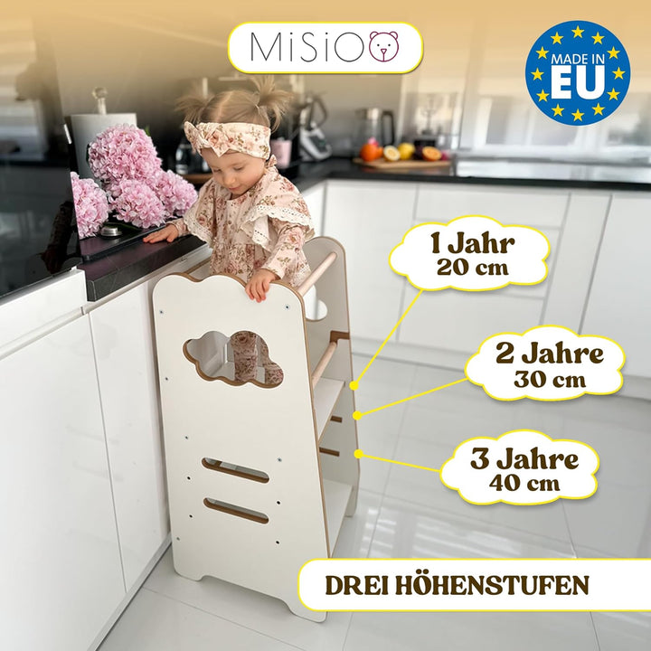 MISIOO Lernturm Ab 1 Jahr - Learning Tower - Höhenverstellbar Montessori Lernturm mit Kippschutz - M