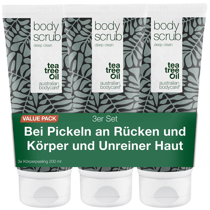 3x Körperpeeling 200ml mit Teebaumöl | Gegen Pickel, unreine Haut, eingewachsene Haare, Reibeisenhau
