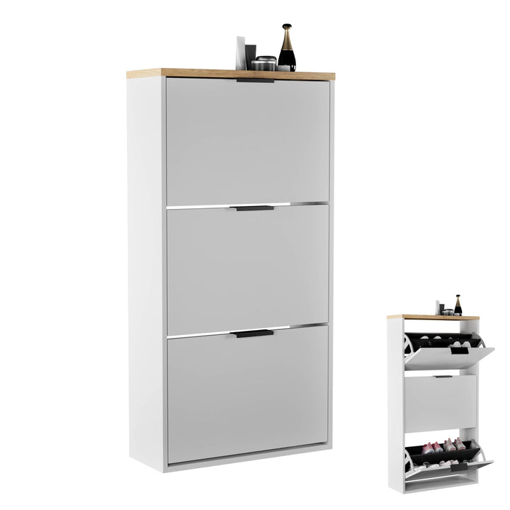 Planetmöbel Schuhschrank schmal mit 3 Klappen platzsparender Schuhregal mit 6 Ablagen, Schuhkommode