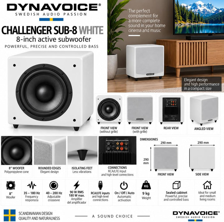 DYNAVOICE - Aktiver Subwoofer 8".Ref: Challenger Sub-8, Weiss