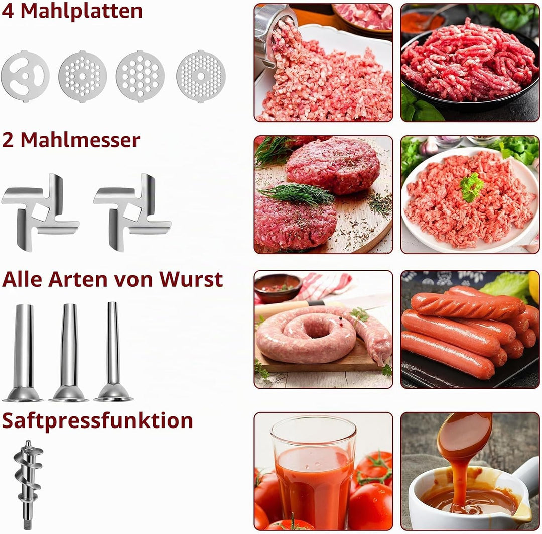 Fleischwolf Aufsatz für KitchenAid Küchenmaschinen mit 3 Wurstfüllrohren, 4 Mahlscheiben, 2 Messern,