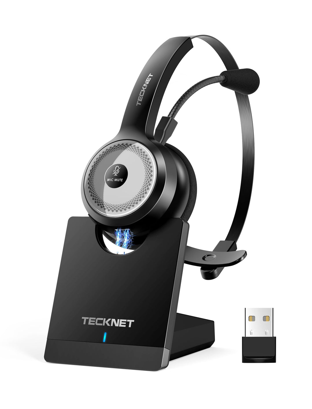 TECKNET Bluetooth Headset mit Mikrofon, PC Headset mit AI Rauschunterdrückung, kabelloses Headset mi