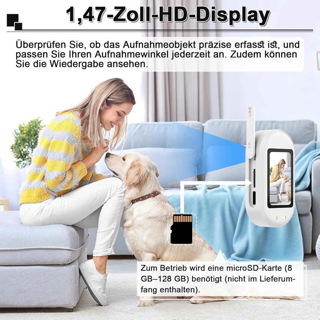 Mini-Bodycam 1080P HD, Tierkamera für Halsbänder mit kabelloser Ladestation – Daumen-Sportkamera mit