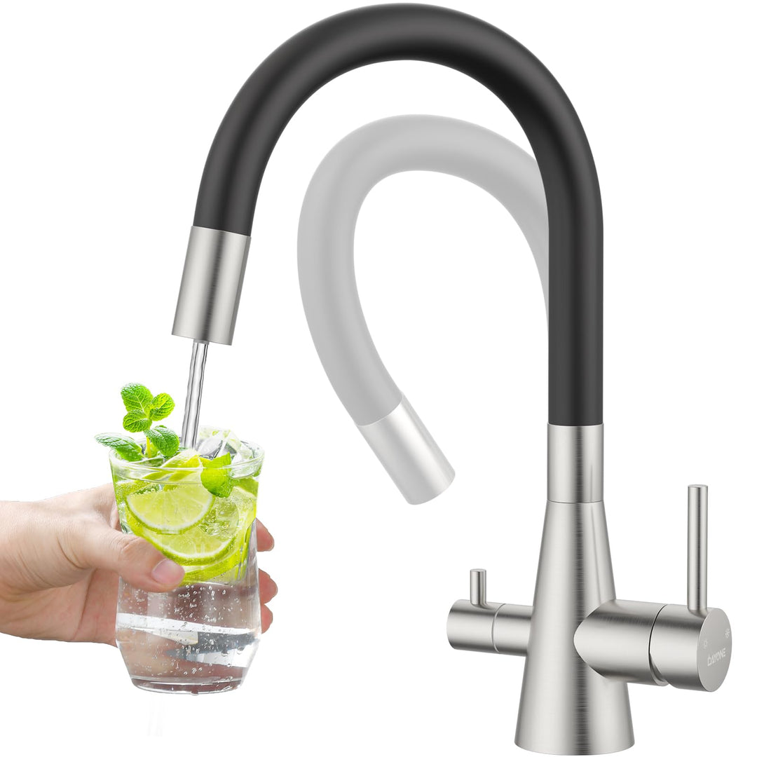 DAYONE 3 Wege Schwarz Wasserhahn Küche Flexibel, 3 in 1 Mischbatterie für Wasserfilter Osmose, 360°