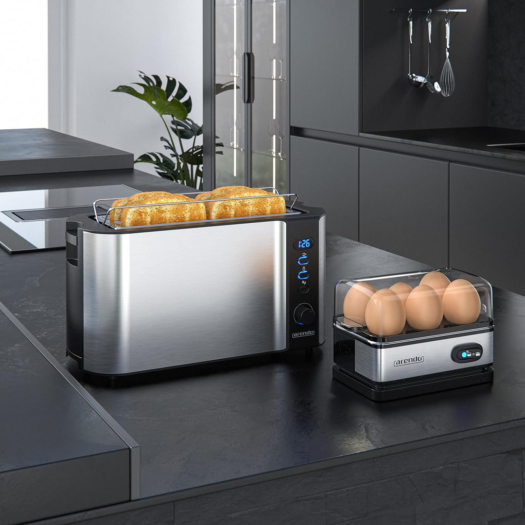 Arendo - SET Eierkocher SIXCOOK mit Toaster FRUKOST Edelstahl Silber, Toaster 4 Scheiben, LED-Displa
