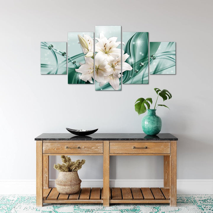 Runa Art Wandbilder Blumen Lilien 5 Teilig Bild auf Vlies Leinwand Deko Wohnzimmer Abstrakt Grün 017