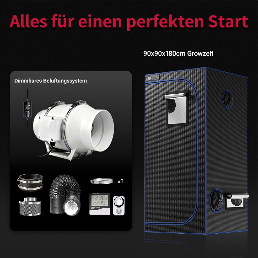 Growzelt Komplettset mit Growzelt 90x90x180 cm und Regelbar Rohrventilator 100mm Set Belüftungssyste