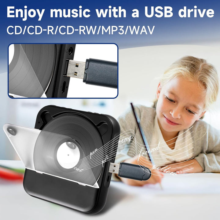 Tragbarer CD Player mit Bluetooth 5.3 - Kinder CD Spieler mit 2000mAh Akku, USB, MP3 Wiedergabe, AUX