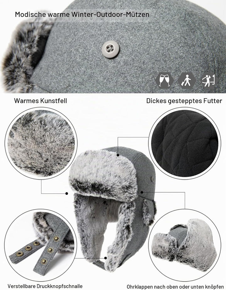 Comhats Winter Trapper-Hut Kunstleder Aviator Pilotenmütze Herren Damen Warm Gefütterte Kunstpelz-Hu