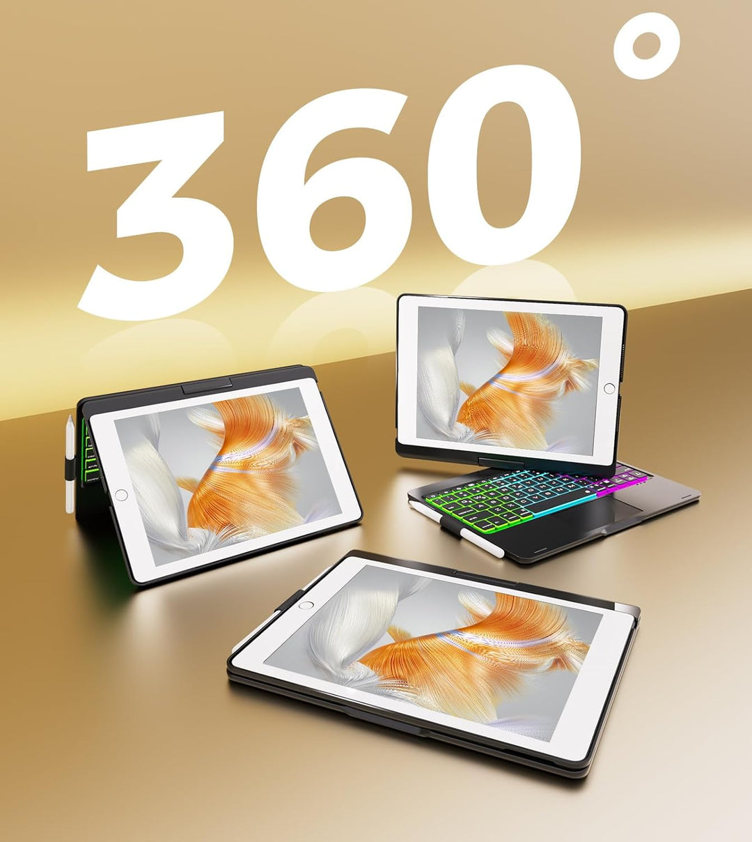 Schutzhülle für iPad 9. Generation mit Tastatur, 360° drehbar, Touchpad und 7 Farben Hintergrundbele