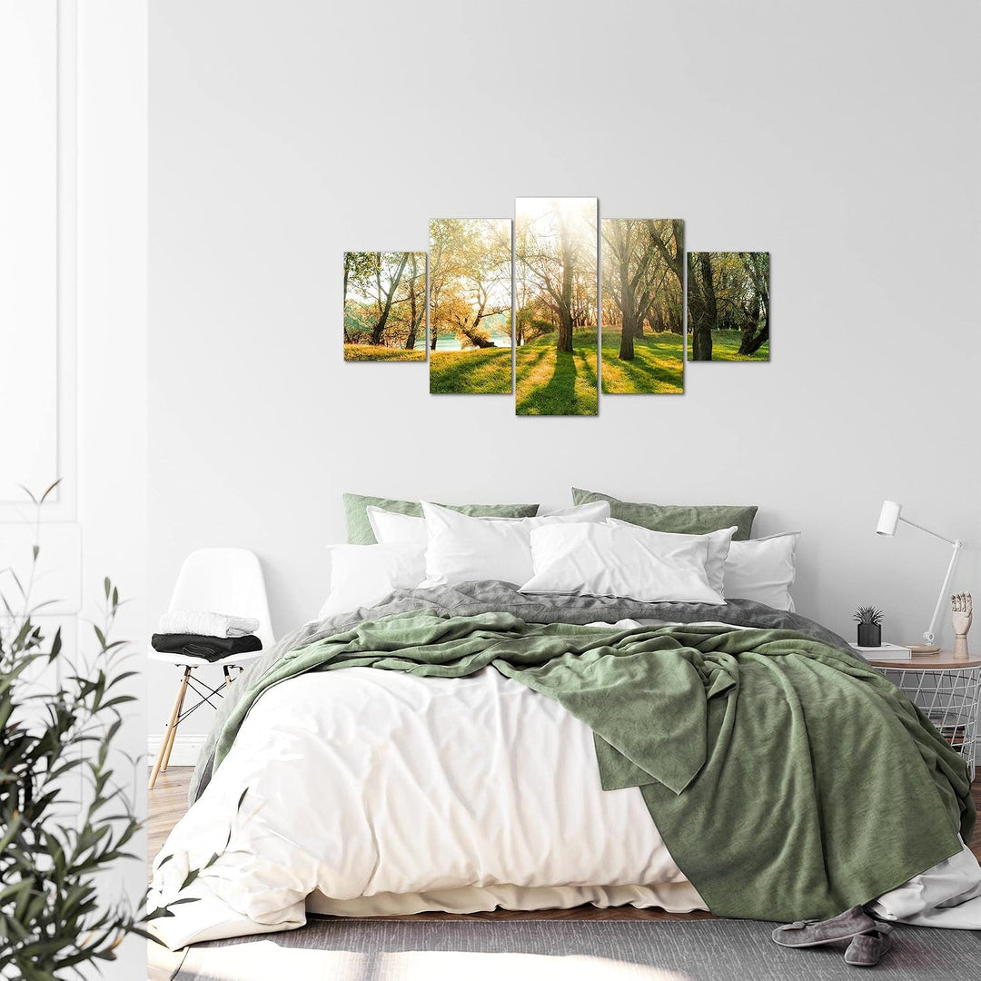 Runa Art Bild Schlafzimmer Wohnzimmer Wald Landschaft 5 Teilig Sonne Grün Wandbilder auf Vlies Leinw