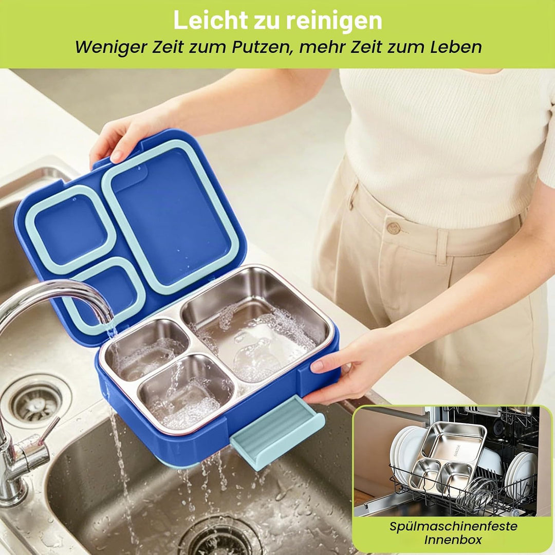 Brotdose mit 3 Fächern, 1100ml Edelstahl-Lunchbox für Kinder und Erwachsene Auslaufsicherer Lebensmi