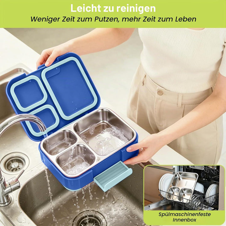 Brotdose mit 3 Fächern, 1100ml Edelstahl-Lunchbox für Kinder und Erwachsene Auslaufsicherer Lebensmi