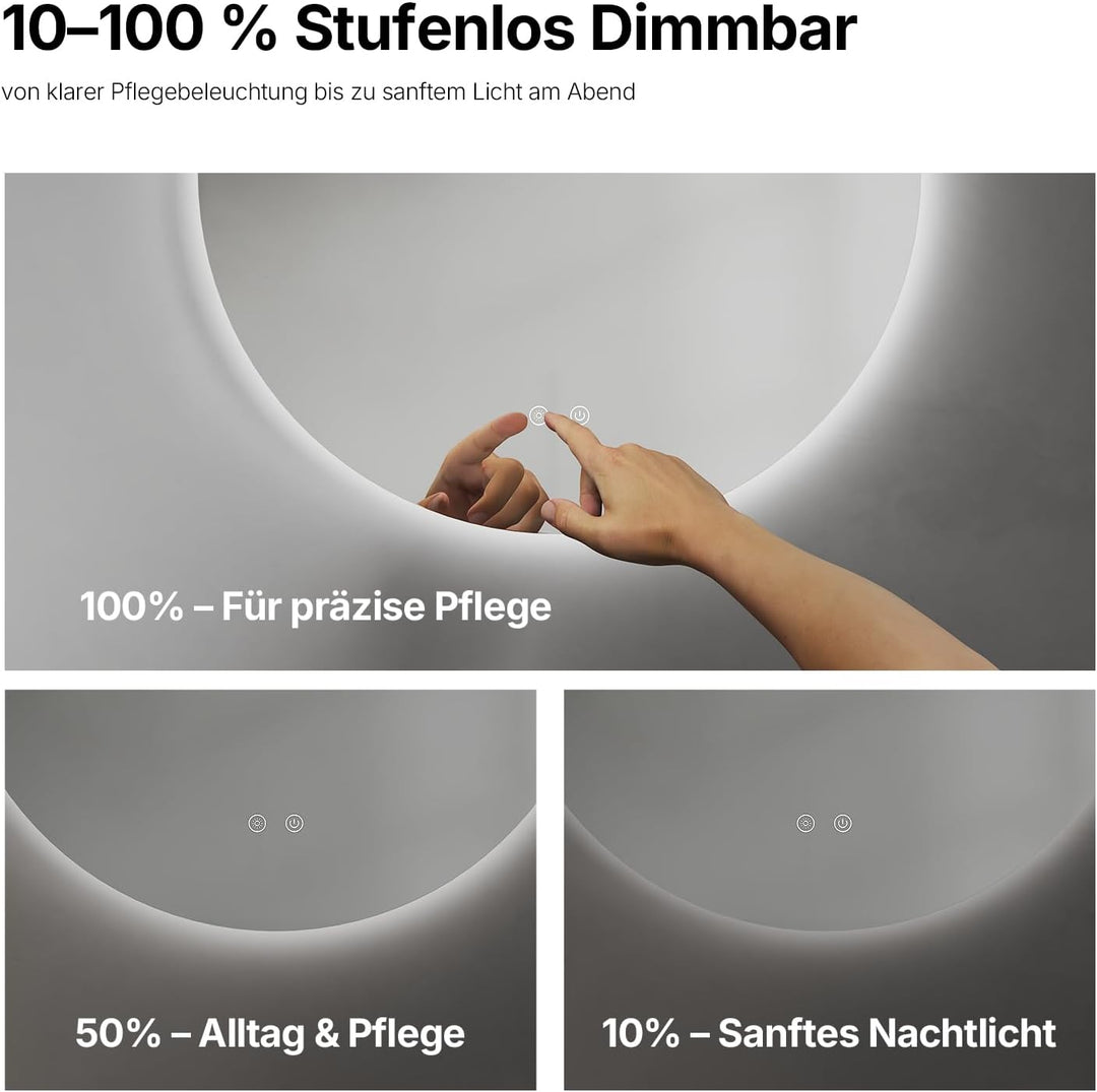 Badspiegel mit Beleuchtung Rund, 60 cm LED Spiegel mit Touch-Schalter, Badezimmer Spiegel mit Beleuc