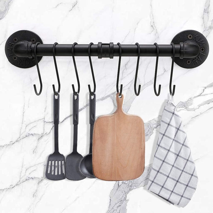 BTSKY 40 cm industrielles Rohrpfannenregal mit 8 Haken – Wandmontage, Küchenutensilien, Kochgeschirr
