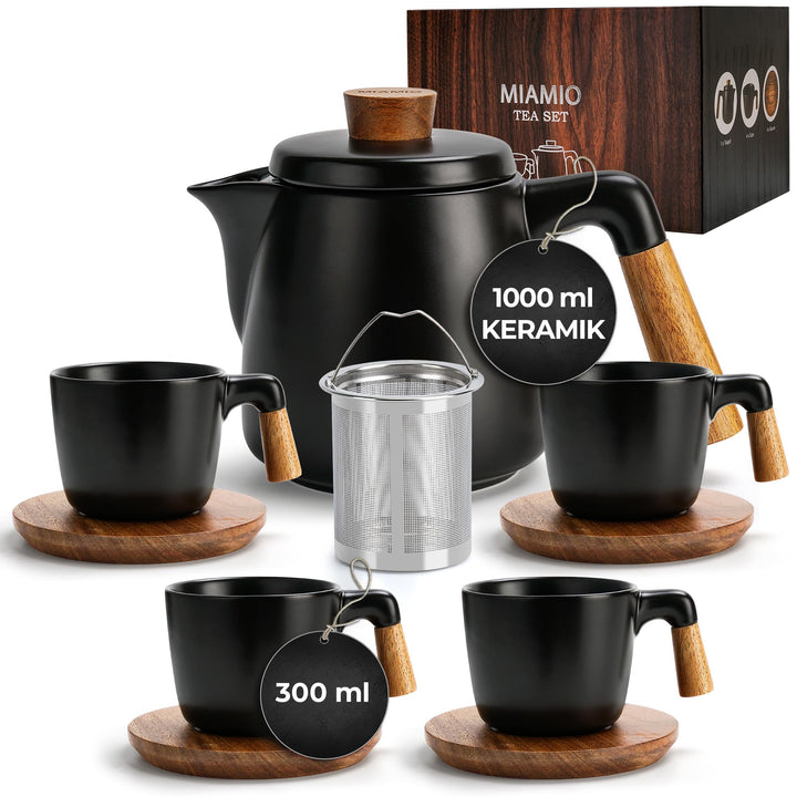 MIAMIO - 1 Liter Keramik-Teekanne-Set mit Siebeinsatz und Tassen/Teesieb, 4 Keramik-Teetassen (300 m