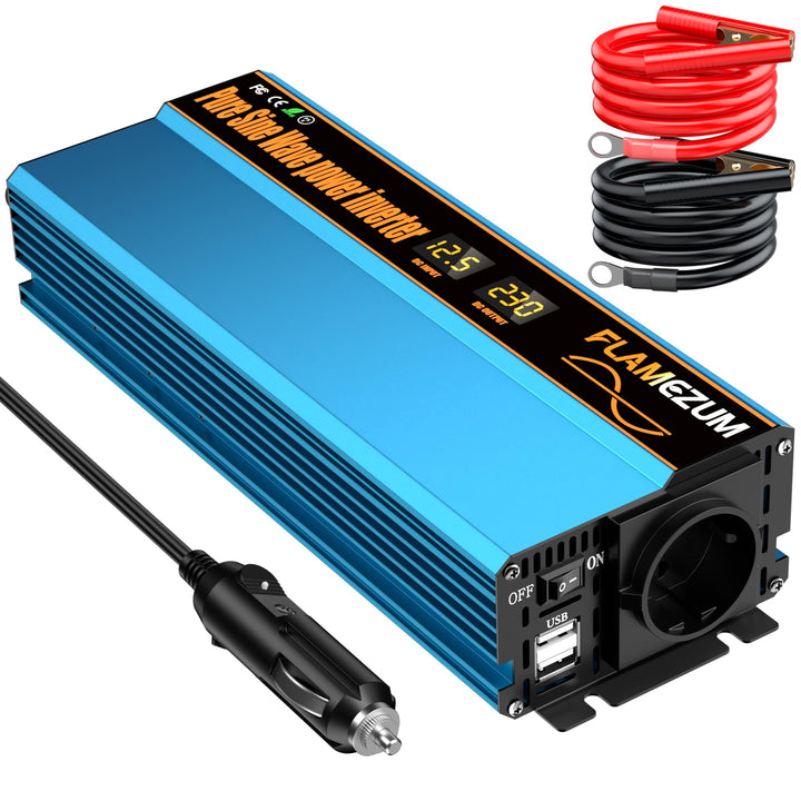 1000w Spannungswandler 12v Auf 230v Reiner Sinus Wechselrichter mit 1 EU-Steckdose und 2 USB Autolad