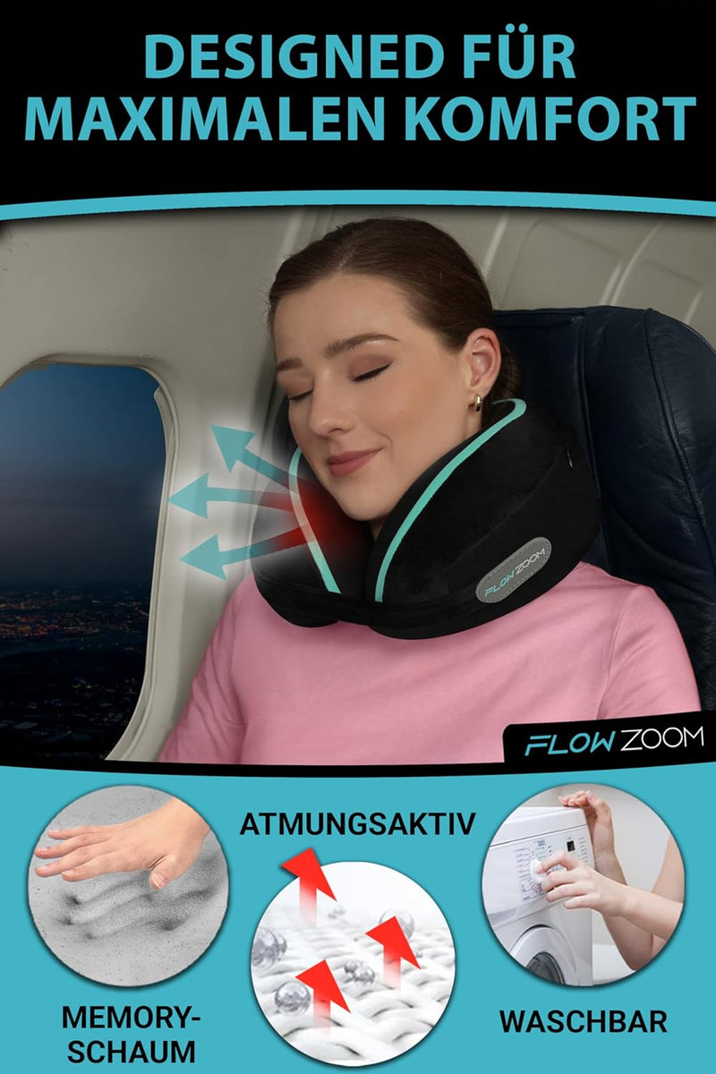 FLOWZOOM® Dream Nackenkissen Reise-Kissen für Flugzeug & Auto aus weichem Memoryfoam mit schmalem Rü