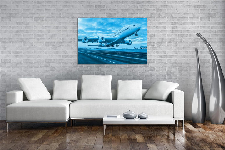 deyoli Flugzeug bei Sonnenuntergang Format: 100x70 cm Effekt: Monocrome Blau als Leinwandbild, Motiv