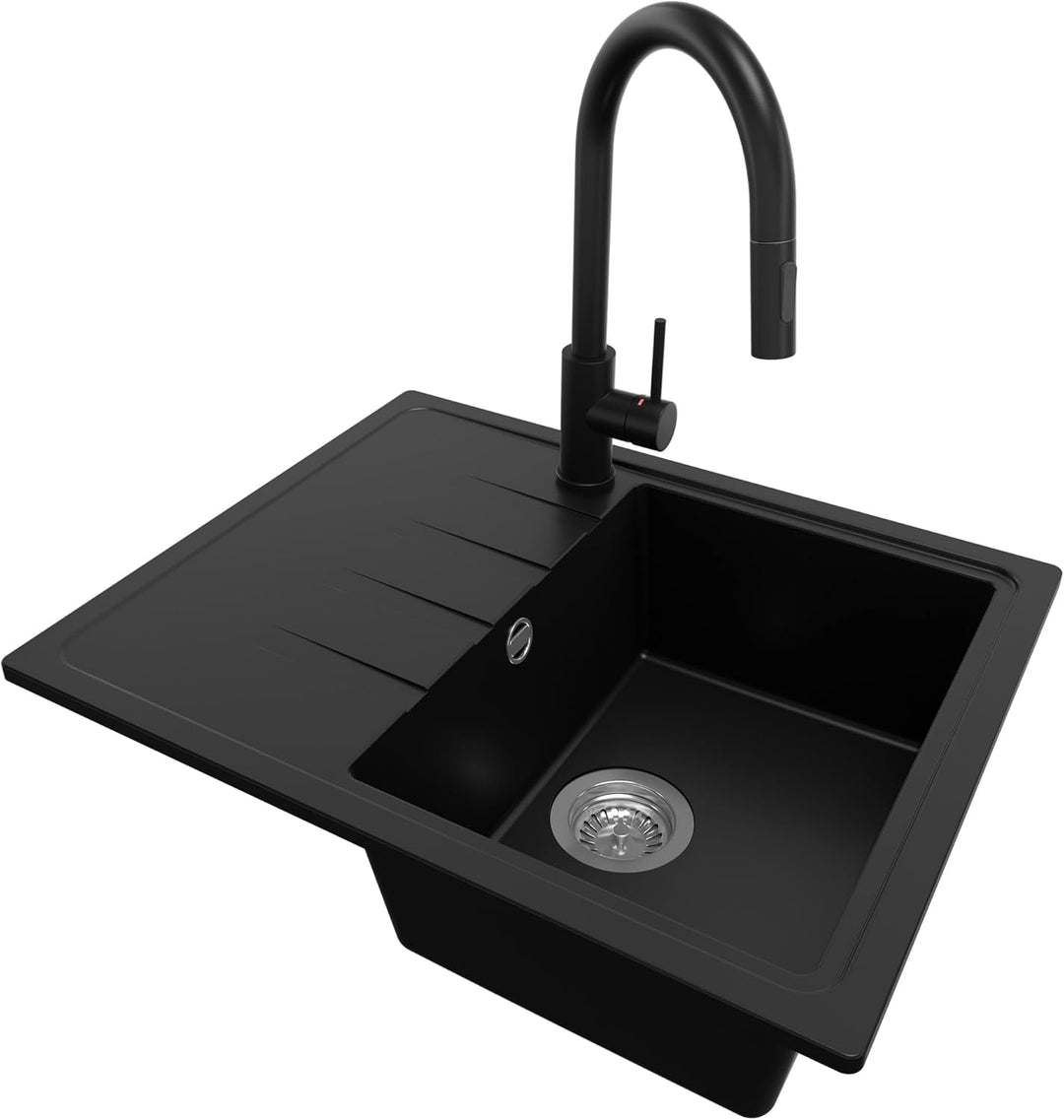 Granitspüle Schwarz 62x50 cm, Spülbecken + Ablauf-Set + Küchenarmatur 9050, Küchenspüle für 40er Unt