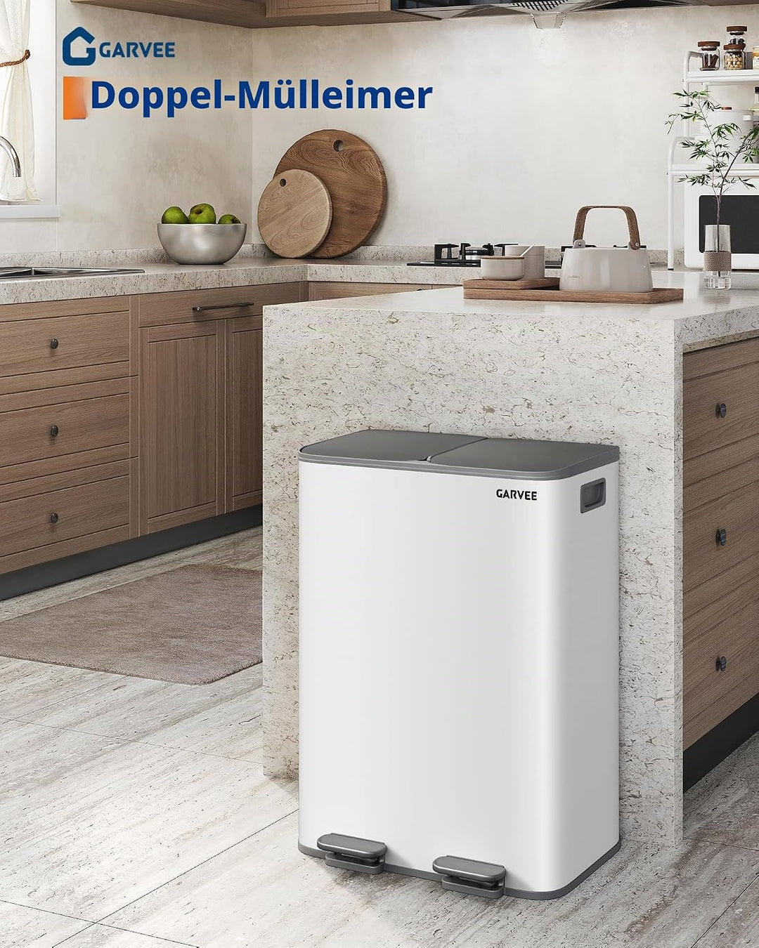 GarveeHome Mülleimer Küche, 2 x 30 L, Mülltrennsystem 2 Fächer, Metall-Tretmülleimer mit Seitlichem