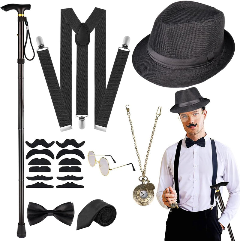 WILDPARTY 20er Jahre Kostüm Herren Accessoires, Faltbarer Krücken Metall, Fedora Hut, Gläser, Fliege