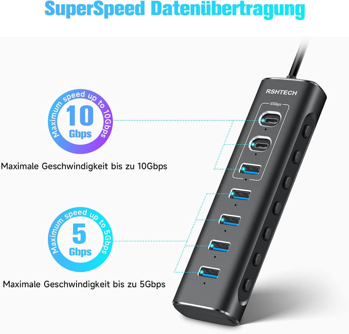 USB C Hub Aktiv mit Netzteil, RSHTECH 7-Port USB C 3.2 Hub Aktiv mit 3*10Gbps USB 3.2-Port (2*Typ-C,