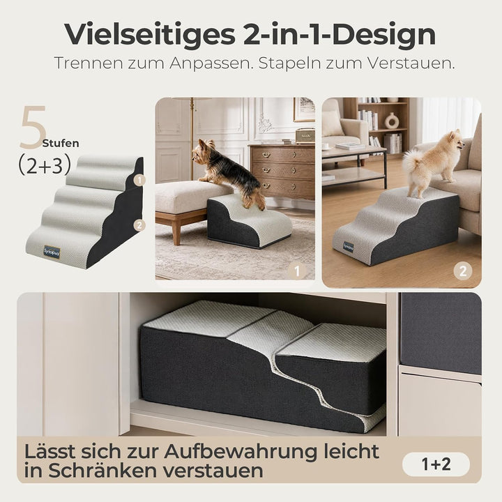 Sytopia 5-Stufen Hundetreppe 58 cm, rutschhemmend &amp; abwaschbar, mit Griff, 30D Schaumstoff für Bett/