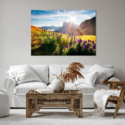 Bilder auf Leinwand 100x70cm Leinwandbild mit Rahmen Berge Wiese Blumen Gross Wanddeko Bild Schlafzi