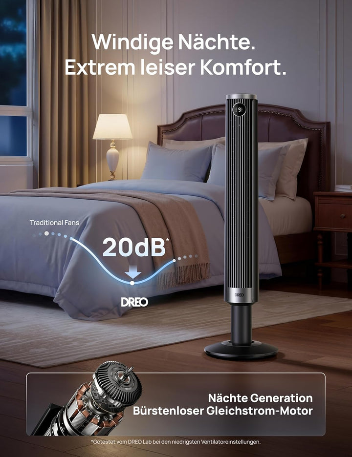 DREO Smart 102–114cm Turmventilator fürs Schlafzimmer, Höhenverstellbar, 8.4m/s, DC-Motor, 9 Stufen,