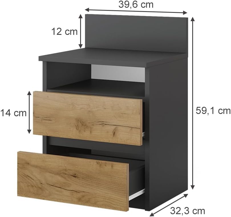 Vicco Nachttisch Monty, Anthrazit/Eiche, 39.6 x 59.1 cm 40 x 59 cm Einzeln Anthrazit, 40 x 59 cm Ein
