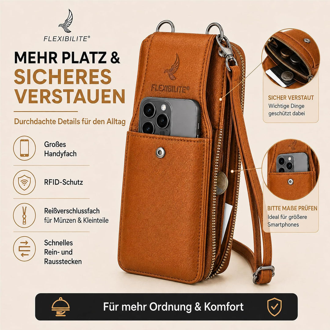 FLEXIBILITE® Handytasche zum Umhängen Braun aus echtem Leder I EXTRA leicht 220 g mit RFID I Handy P