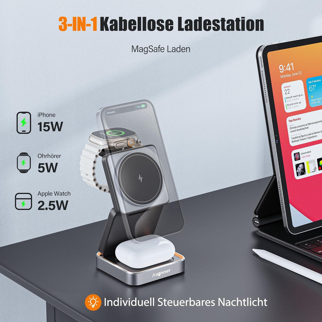 3 in 1 Induktive Ladestation Kompatibel mit MagSafe, Faltbar Kabelloses Ladegerät für Apple Watch un