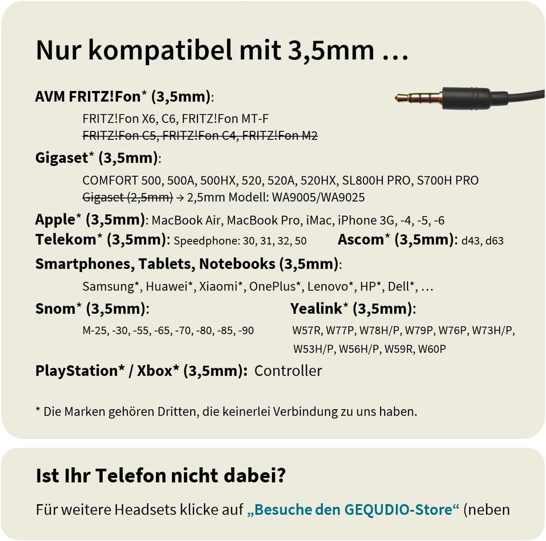 GEQUDIO Headset mit 3,5mm Klinke kompatibel mit FritzFon C6, X6, MacBook, Smartphone, Speedphone, No