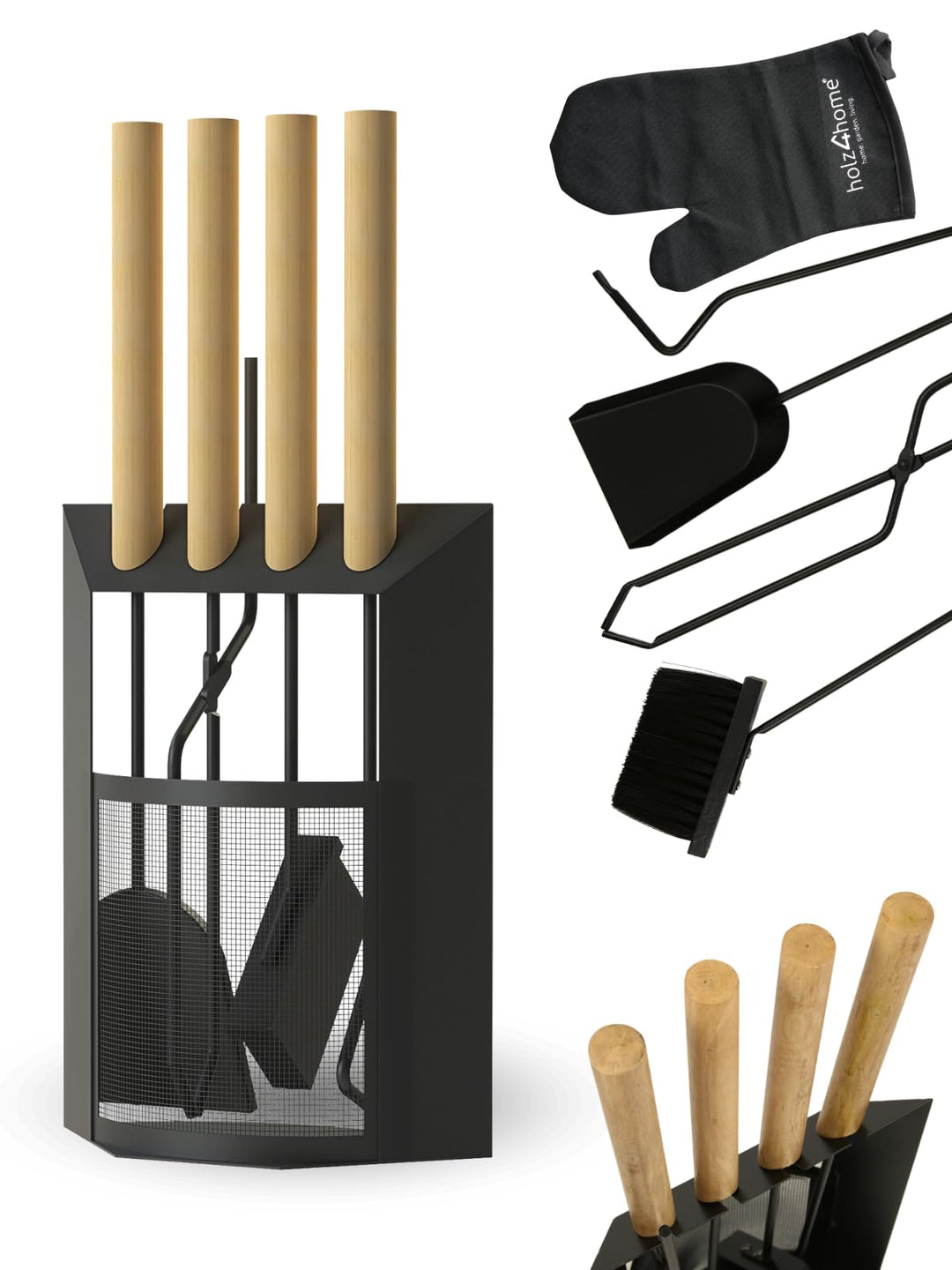 holz4home® Kaminbesteck 6-tlg. Schwarz mit Holzgriff inkl. Ofenhandschuh hitzebeständig I Kaminset K