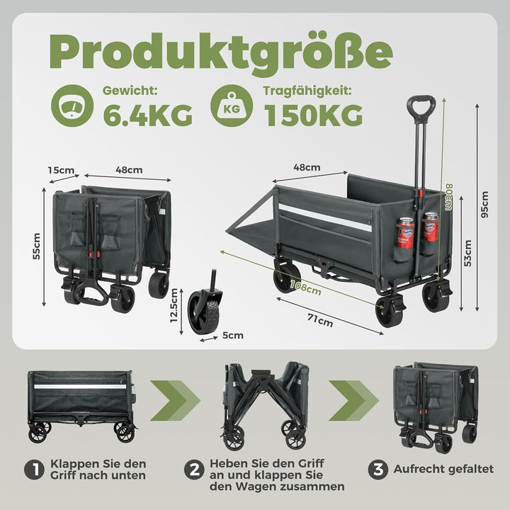 Bollerwagen Faltbar 120L+, Bis 150kg mit Heckklappe, Regenschutz, Bremsen | Reflektorstreifen, Stran