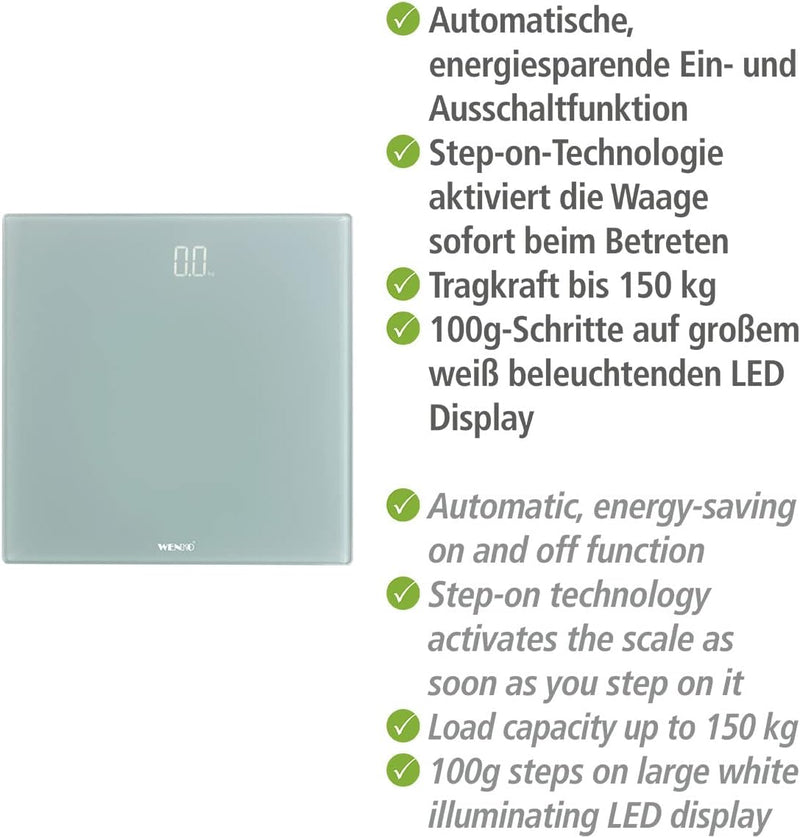 WENKO Personenwaage LED, präzise, Digitale Körperwaage aus Sicherheitsglas mit automatischer EIN-/Au