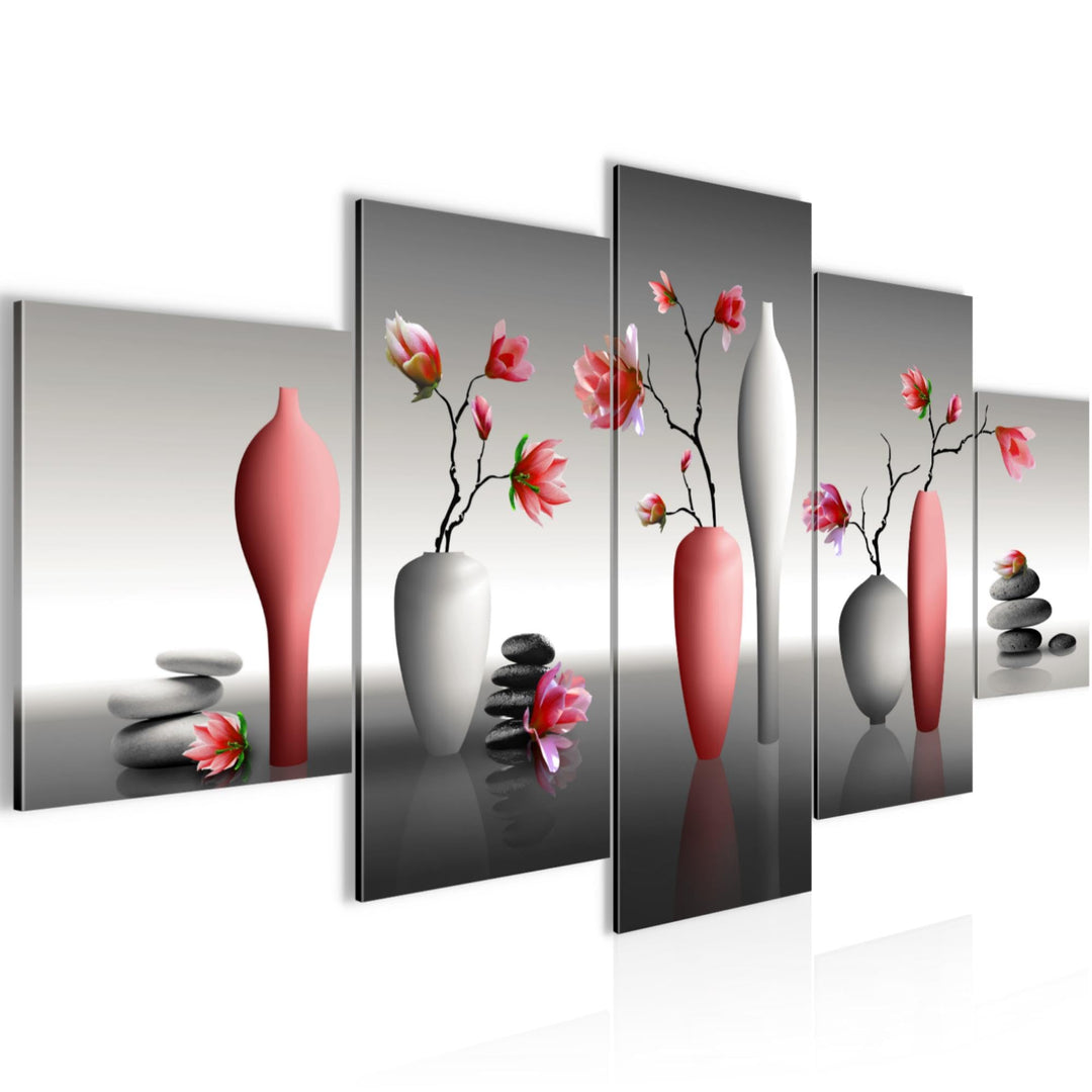 Runa Art Wandbilder Blumen Magnolien 5 Teilig Bild auf Vlies Leinwand Deko Wohnzimmer Spa Rot Grau 0