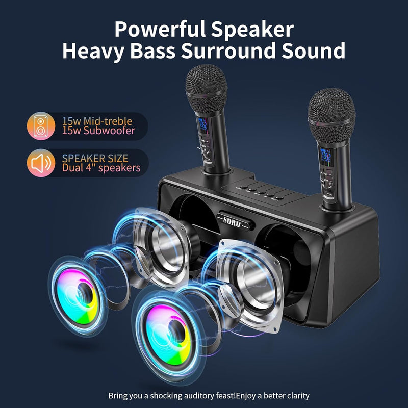 Karaoke Machine for Adults and Kids with 2 UHF Wireless Microphones, Portable Bluetooth Singing Spea