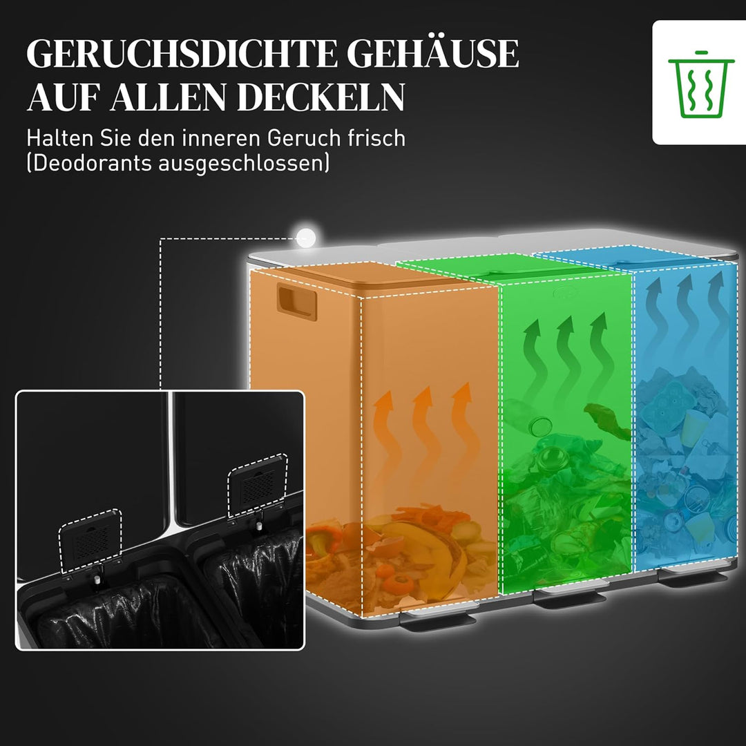 HOMCOM Mülleimer Küche 3 x 20 L Treteimer mit Softclose-Deckel und Pedal Mülltrennsystem 3 Fächer in